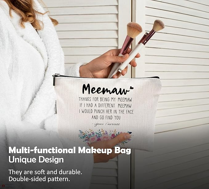 QGFM Funny Meemaw Gifts Makeup Cosmetic Bag - Memaw Mothers Day Gift, Memaw Grandma Gifts from Grandkids, Memaw Birthday Gifts, Best Grandma Gifts, Meemaw Floral Small Makeup Bag for Purse