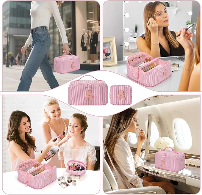 2026 Graduation Gifts - Travel Makeup Bag for Women, 2Pcs Portable Personalized Initial Makeup Organizer Bag, Open Flat Large Cosmetic Bag With Travel Essential Pouch (Pink Letter R)