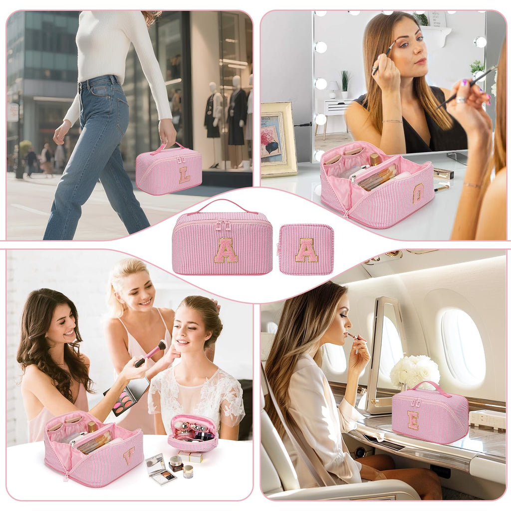 2026 Graduation Gifts - Travel Makeup Bag for Women, 2Pcs Portable Personalized Initial Makeup Organizer Bag, Open Flat Large Cosmetic Bag With Travel Essential Pouch (Pink Letter C)