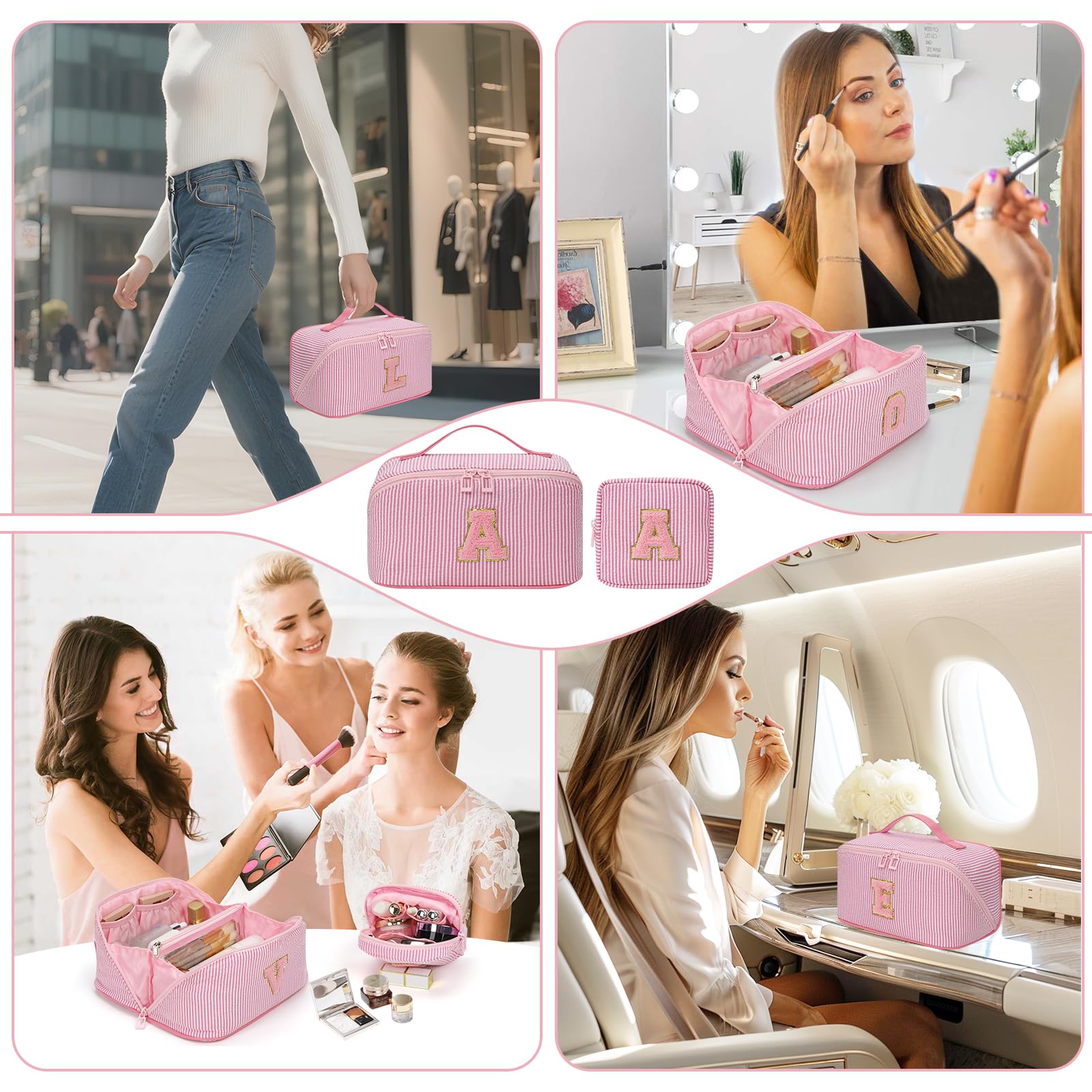 2026 Graduation Gifts - Travel Makeup Bag for Women, 2Pcs Portable Personalized Initial Makeup Organizer Bag, Open Flat Large Cosmetic Bag With Travel Essential Pouch (Pink Letter C)