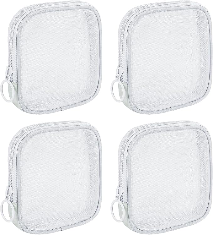 Sinzip 4 Pieces Mini Zipper Nylon Mesh Pouch, Mesh Cosmetic Bags Makeup Bags, Multipurpose Travel Toiletry Bags for Office Supplies and Travel Accessories (White, S)