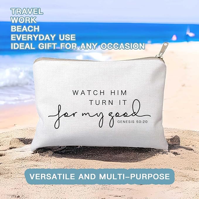 HubbgDesign Watch Him Turn It For My Good Makeup Bag Christian Quote Faith Bible Scripture Sayings Makeup Case Linen Cotton Travel Bag Makeup Pouch Sister Gift