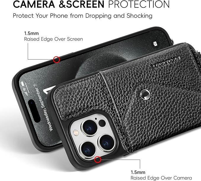 LUCKYCOIN Crossbody Phone Case for iPhone 15 Pro,100% Genuine Leather Phone Wallet Case for Women, Premium Hands-Free Phone Purse with Expandable Flip Card Holder & Adjustable Strap - Pebble Black
