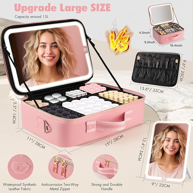 JJhxr 15''X11'' Makeup Bag with Removeable Lighted Mirror, Travel Makeup Case with 3 Color Lights Dimmable Brightness, Large Capacity Cosmetic Organizer Case with Detachable Dividers & Shoulder Strap