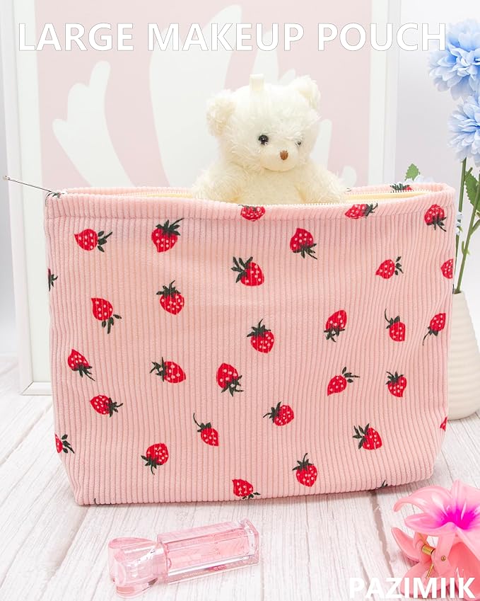Flat Makeup Bag for Women,Zipper Cosmetic Pouch for Purse,Strawberry Pink