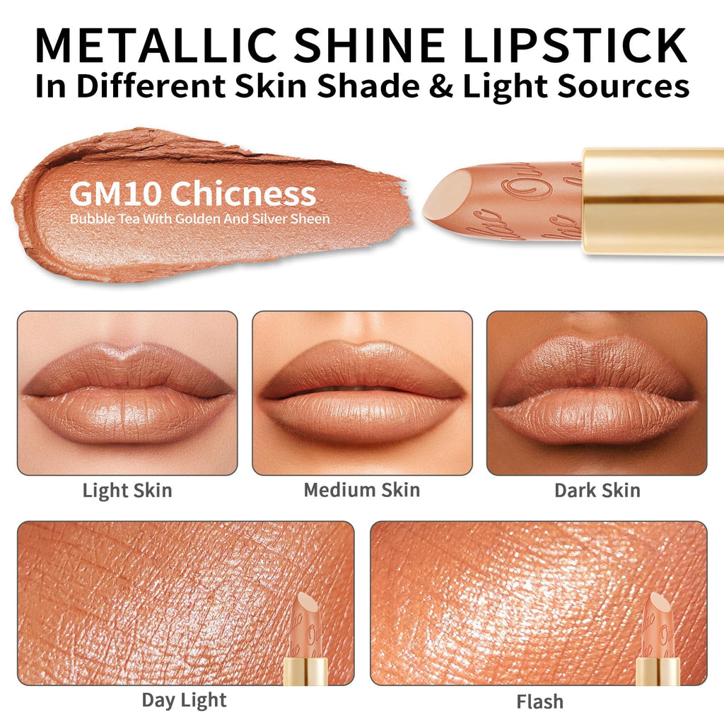 Oulac Nude Matte Lipstick with Glow Metallic Finish - Vegan Lipstick for Women, Creamy Texture, Hydrating Clean Beauty Formula, High-End Magnetic Hook Design, GM10 Chicness