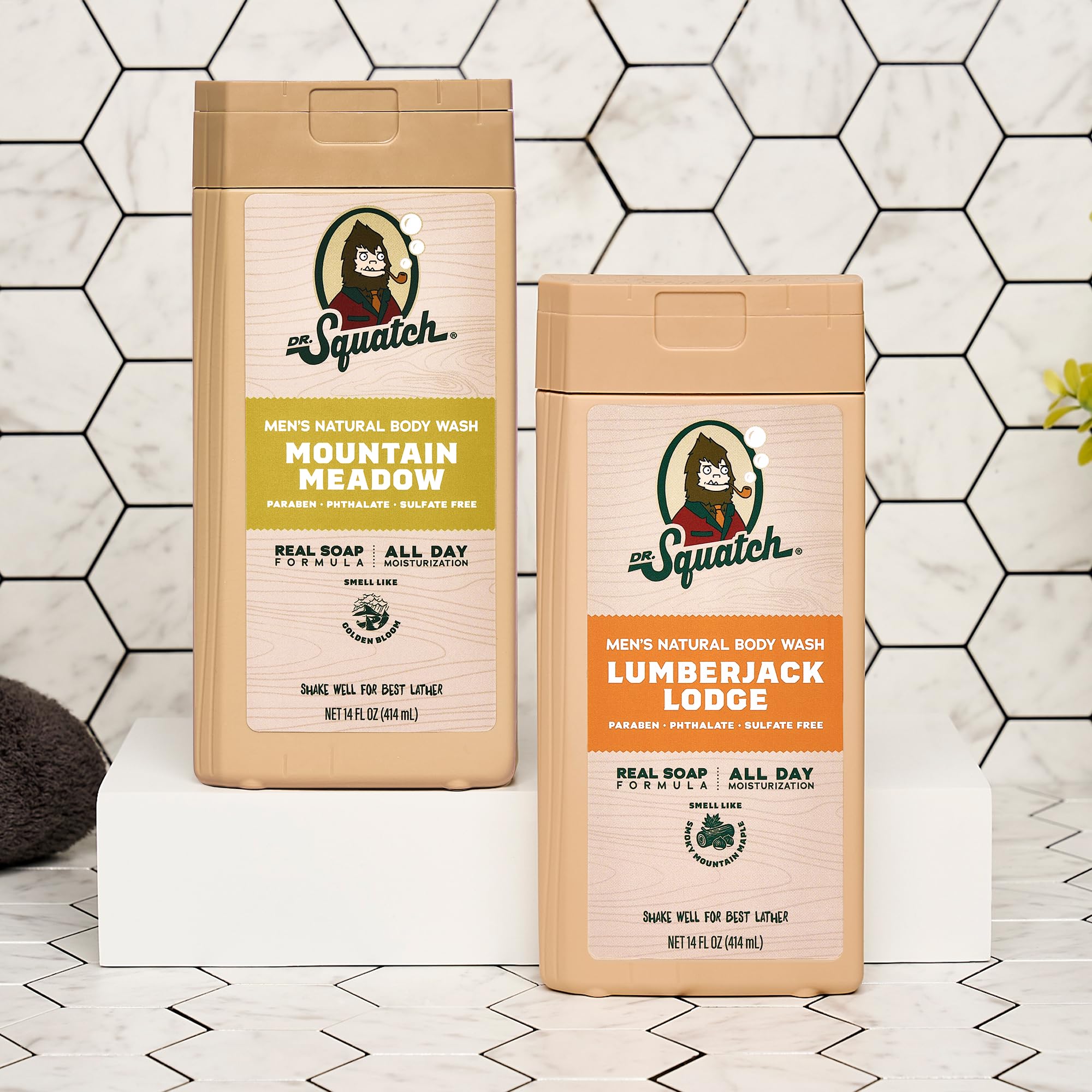 Dr. Squatch Natural Men's Body Wash Shower Gel - Cleansing, Nourishing, Long Lasting Scent, Moisturizing Body Wash for Men - Mountain Meadow + Lumberjack Lodge (14 oz, 2-Pack)