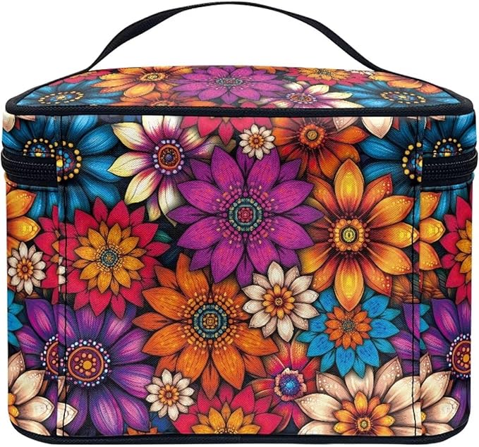 Drydeepin Vibrant Hippie Flower Pattern Travel Makeup Bags for Women Portable Tote Cosmetic Case with Carry Handle Toiletry Accessories Storage Organizer Bags