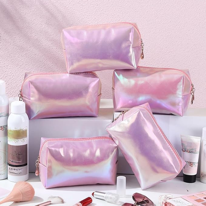 Sanwuta 9 Pcs Makeup Bags Bulk Bridesmaid Proposal Gifts Cosmetic Bags Preppy PU Leather Double Zipper Toiletry Pouch Portable Travel Organizer Case for Women Bachelorette Gift(Laser Pink)