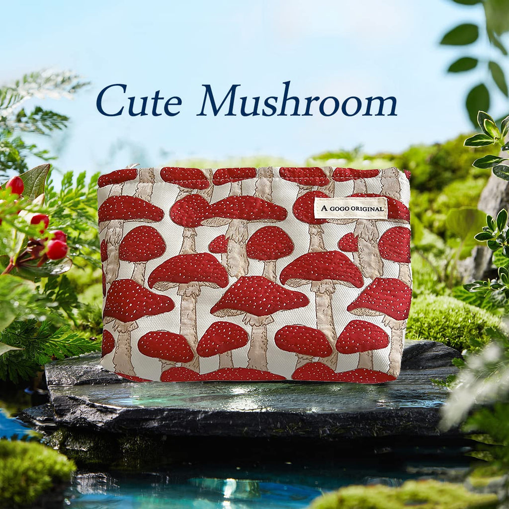 STARDW Cute Makeup Bag Aesthetic Cosmetic Bags for Women Girls, Travel Toiletry Bag Large Capacity Zipper Makeup Pouch, Purse Organizer Pouches,Canvas Lining (Red Mushroom)