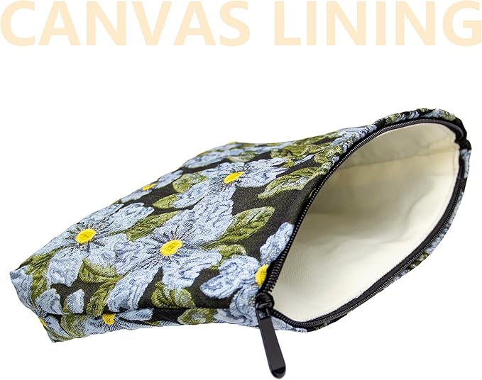 Flat Makeup Bag for Women,Zipper Cosmetic Pouch Purse,Brocade Flower Black