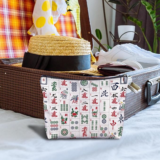 Zomhix Chinoiserie Chinese Mahjong Tiles Makeup Bag, Mahjong Gifts Cosmetic Bags for Women, Gifts for Mah Jong Players Lovers Makeup Zipper Pouch