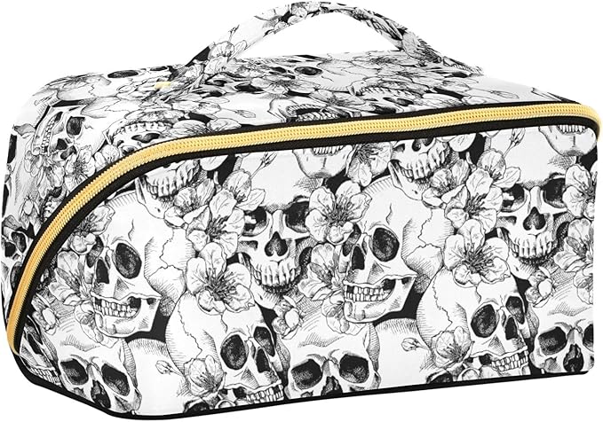 MNSRUU Makeup Organizer Bag, Skull and Flower Travel Makeup Bags Makeup Vanity Case Large Capacity Rhombus Cosmetic Toiletry Bag for Girl Women Ladies