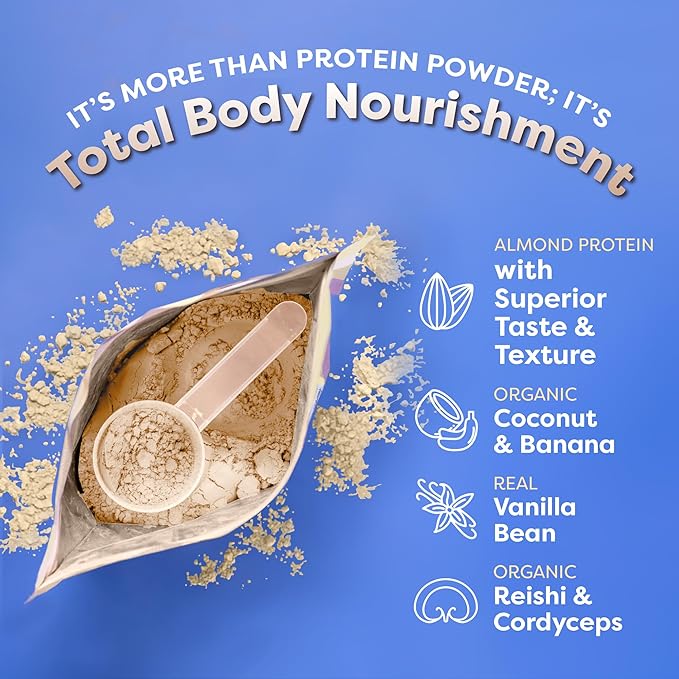 FlavCity Vegan Almond Protein Shake Powder, Vanilla Cream + Reishi & Cordyceps Mushrooms - Focus, Skin, Hair & Joint Support - Organic Fruit All in One Smoothie On-the-Go, 20 Servings
