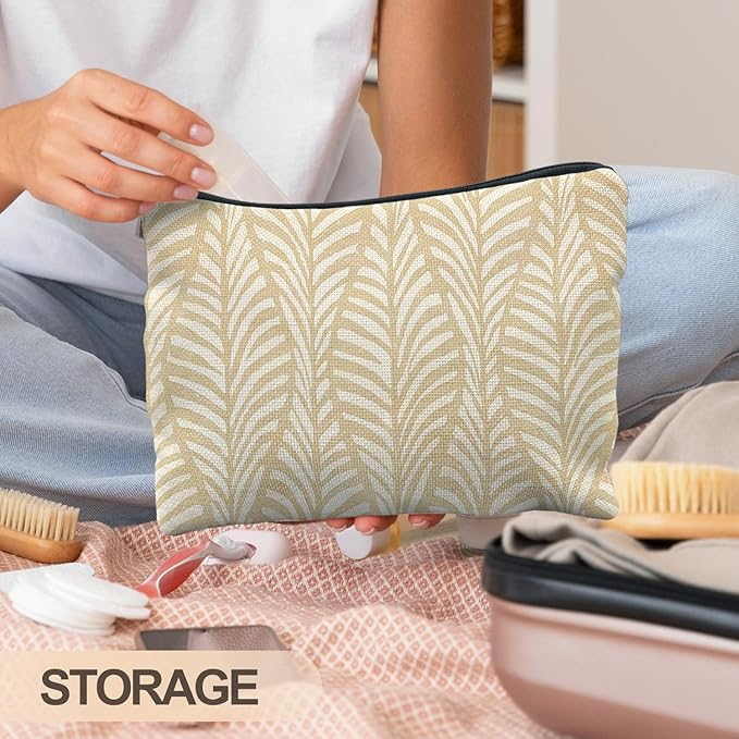 RYYCDOI Boho Beige Leaf Makeup Bag, Neutral Block Print Leaves Cosmetic Bags for Women, Minimalist Beige Botanical Zipper Makeup Pouch