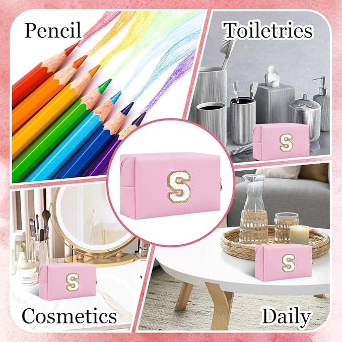Small Personalized Letter Makeup Bag, Cute PU Leather Chenille Letters Cosmetic Bag Travel Makeup Pouch, Preppy Travel Organizer Zipper Pouch for Women&Girls（Pink-S）