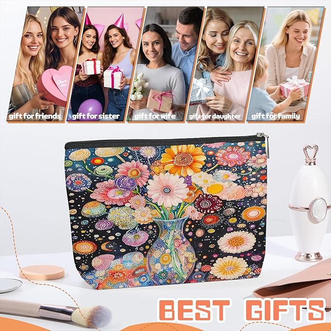 Scribesense Makeup Bag Travel Cosmetic Bags Small Makeup Case Waterproof Zipper Pouch for Women Girls 7X9inches - Colorful Flowers in A Blue Vase with Dots