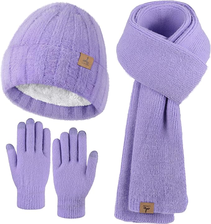 LOROME Winter Beanie Hat Gloves Scarf, Cashmere Hat Gloves Scarf Set Women