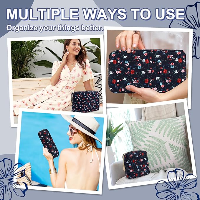 UIXIZQ Waterproof Mini Floral Makeup Bag Pouch for Purse,Nylon Flower Cosmetic Travel Bag Small Preppy Toiletry Organizers Bag for Women Girl,Cute Zipper Pouch Coin Purse for Work(Mini Black-Flowers)