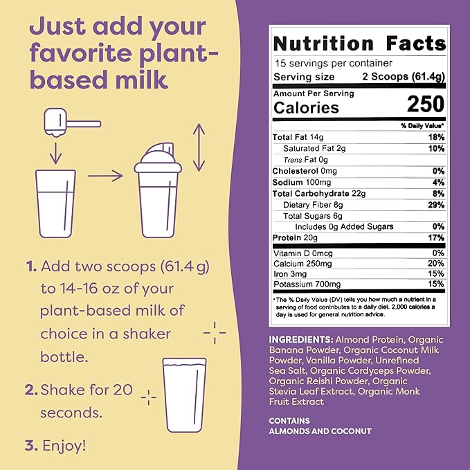 FlavCity Vegan Almond Protein Shake Powder, Vanilla Cream + Reishi & Cordyceps Mushrooms - Focus, Skin, Hair & Joint Support - Organic Fruit All in One Smoothie On-the-Go, 20 Servings