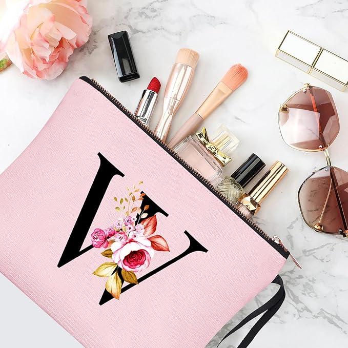 Vavabox A-Z Personalized Makeup Bag, Birthday Gifts for Women Mom, Gifts for Best Friend, Bride Bridesmaid Cosmetic bag (W, 06-Pink)