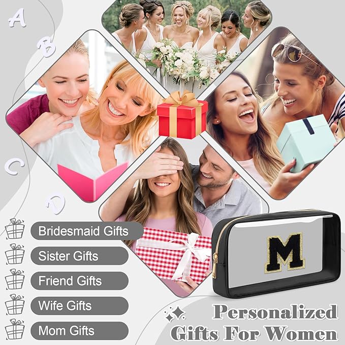 UIXIZQ Personalized Initial Letter Clear Makeup Bag,Preppy Small Nylon&PVC Cosmetic Zipper Bag with Chenille Letter,Travel Skincare Toiletry Bag,Monogram Christmas Gift for Teen Girls Women,M