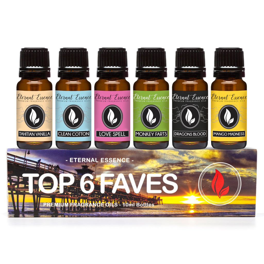 Top 6 Faves - Set of 6 Premium Fragrance Oils - Love Spell, Tahitian Vanilla, Clean Cotton, Mango, Dragon's Blood and Monkey Farts - 10ML