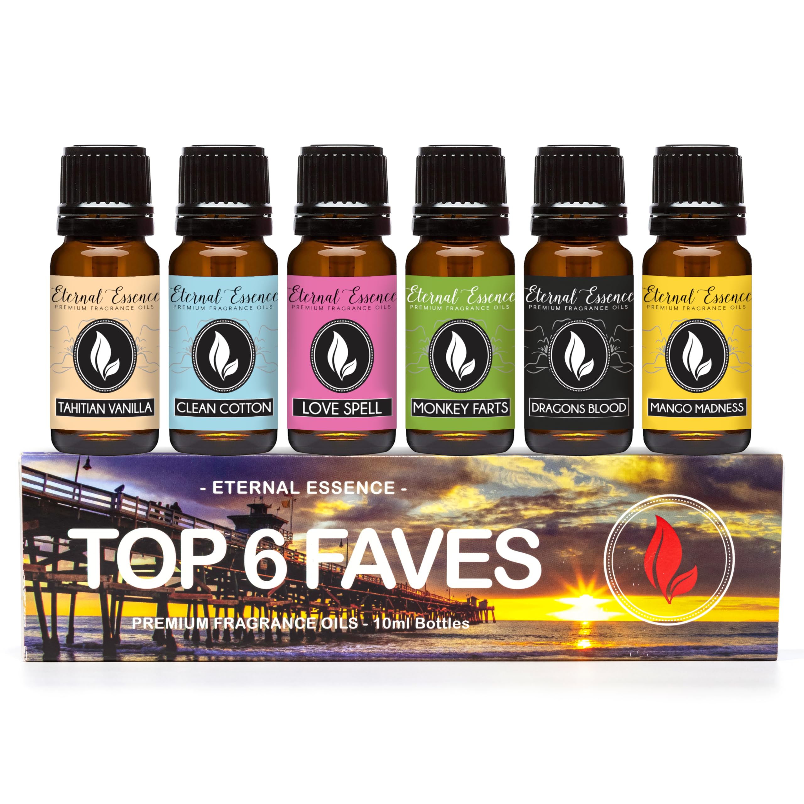 Top 6 Faves - Set of 6 Premium Fragrance Oils - Love Spell, Tahitian Vanilla, Clean Cotton, Mango, Dragon's Blood and Monkey Farts - 10ML