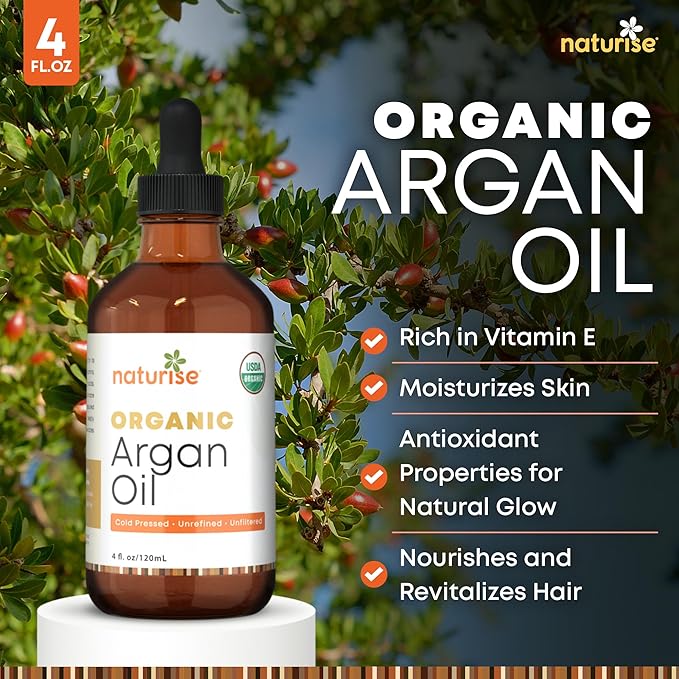 Naturise USDA Organic Argan Oil for Hair & Skin – 100% Pure Argan Oil of Morocco for Face, Skin Moisture & Hair Growth – Vegan, Non-GMO, Cold Pressed & Unrefined Oils in Glass Bottle (4 fl. oz.)