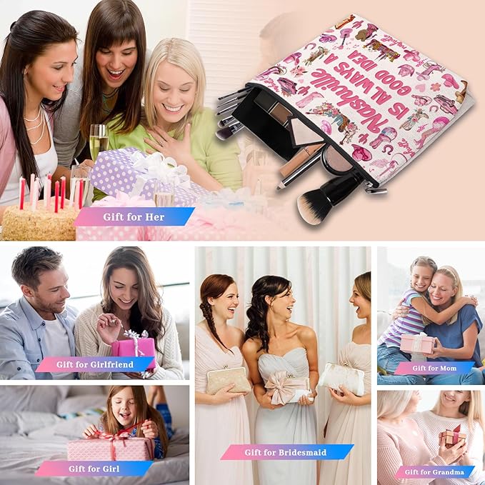 CEASQVAA Nashville Travel Gifts Makeup Bag, Nashville Lover Accessories Souvenirs, Country Music Gifts for Traveller Women Friends, Birthday Bachelorette Party Favors Women Trip Cosmetic Bag Pouch