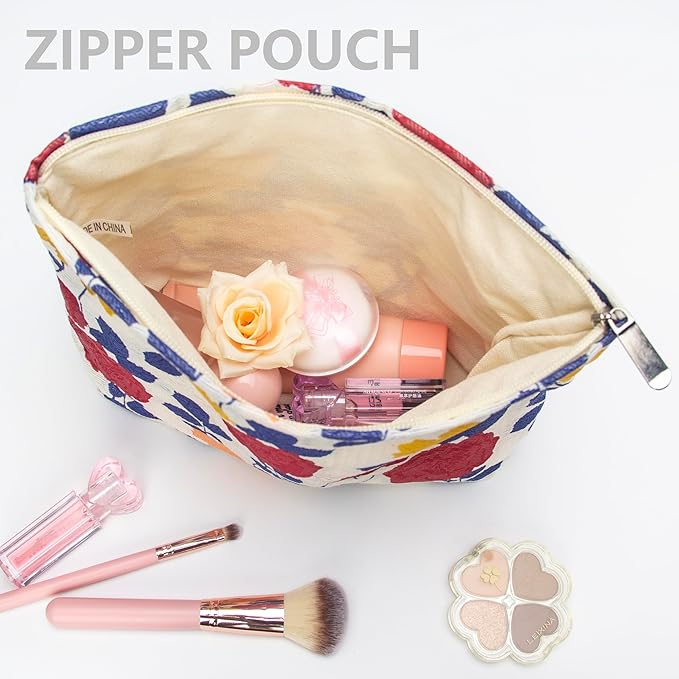 Flat Makeup Bag for Women,Zipper Cosmetic Pouch for Purse,Rose Beige