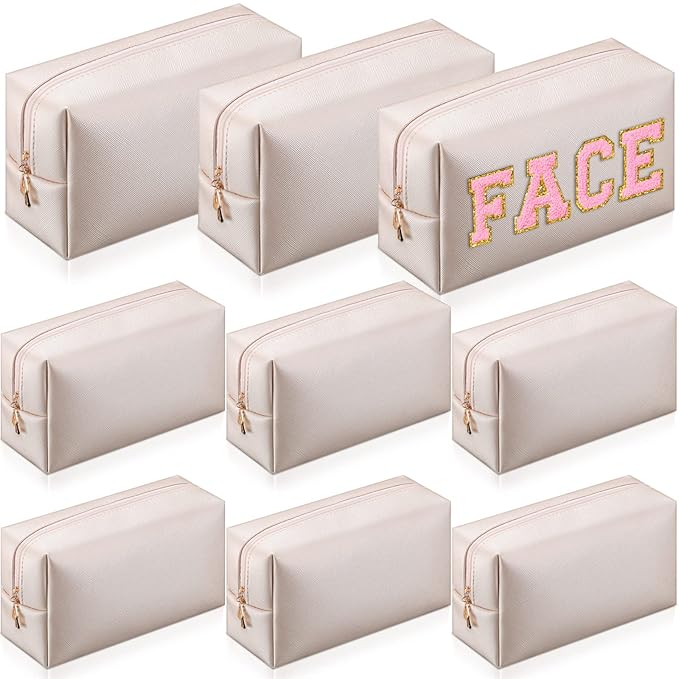 Sanwuta 9 Pcs Makeup Bags Bulk Bridesmaid Proposal Gifts Cosmetic Bags Preppy PU Leather Double Zipper Toiletry Pouch Portable Travel Organizer Case for Women Bachelorette Gift(Ivory White)