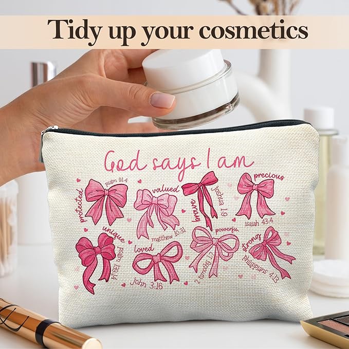 Likjad God Says I Am Pink Christian Makeup Bag, Coquette Pink Bow Preppy Cosmetic Bags for Women, Christian Gifts for Women, Faith Based Gifts, Coquette Preppy Bowknot Stuff Zipper Makeup Pouch
