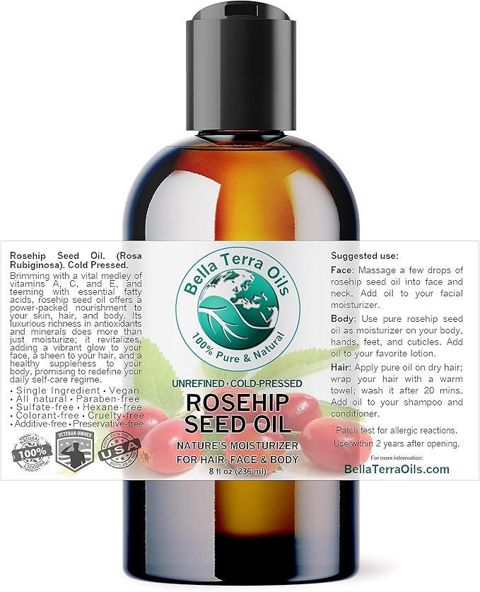 Bella Terra Oils - Natural Rosehip Facial Oil 8 oz - Dive into Natural Rosehip's Essential Fatty Acids & Antioxidants, Infused with Vitamin F, Elevate Daily Face Rituals