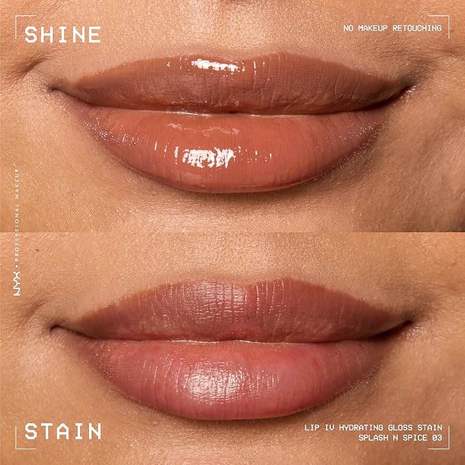 NYX PROFESSIONAL MAKEUP Lip IV Hydrating Glossy Lip Stain, Long-Lasting, Tinted, Vegan Formula with 12 HR Hydration - Splash N Spice (Brown)