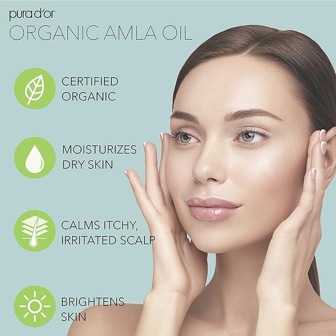 PURA D'OR 4 Oz ORGANIC Amla Oil, 100% Pure USDA Certified Premium Grade, Cold Pressed, Unrefined, Extra Virgin, Hair Serum & Thickening Hair Product w/Pump for Women & Men, Ayurvedic Skin Care