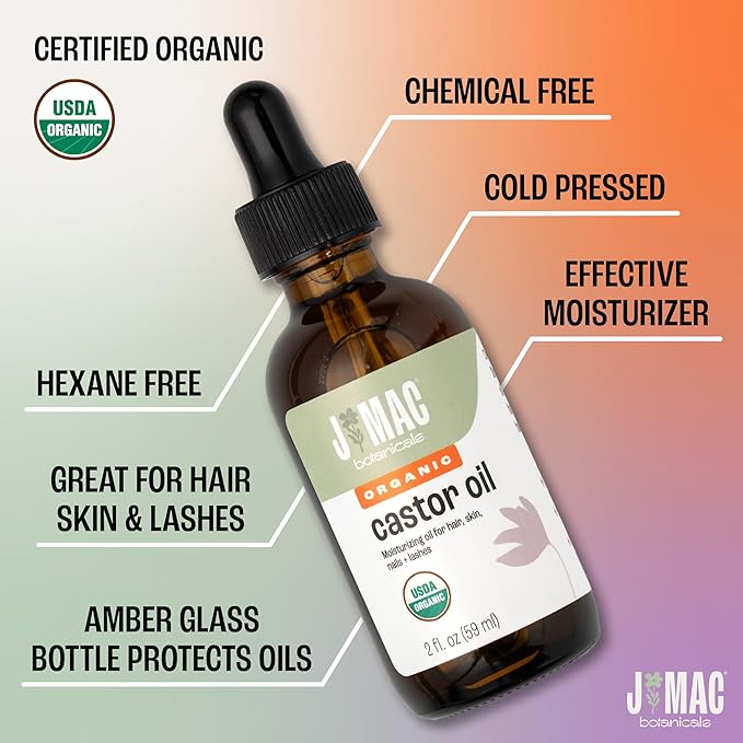 J MAC BOTANICALS Organic Castor Oil Cold Pressed in Amber Glass Bottle (2 oz with Dropper) USDA Certified, Hexane Free - Moisturizing Oil for Hair, Skin, Face, Eyelashes, Brows, & Nails