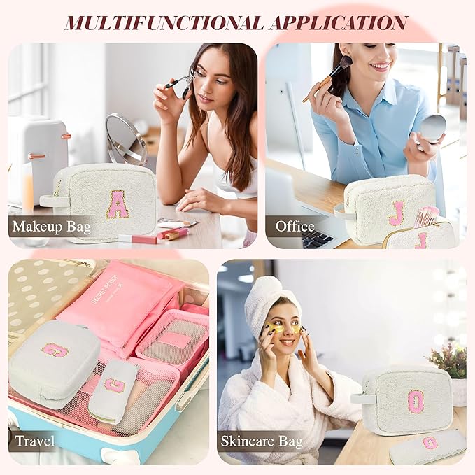 for Christmas Day Gifts, Travel Makeup Bag for Women, Initial Make Up Bag Set for 6 7 8 9 10 11 12 13 Years Old Kids Tween Girls, Large Cosmetic Skincare Bags for Birthday Gifts, White K