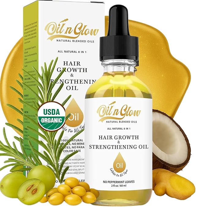OilnGlow 8 in 1 Natural Hair Growth & Strengthening Oil with Rosemary, Castor, Vegan Jojoba, Coconut, Grape Seed, Ginger & Scalp DHT Blocker Peppermint Oil -2 FL