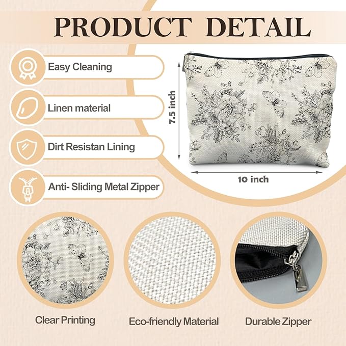 RYYCDOI Vintage Boho Floral Butterfly Makeup Bag, Chinoiserie Black and White Cosmetic Bags for Women, Cottagecore Botanical Butterfly Zipper Makeup Pouch