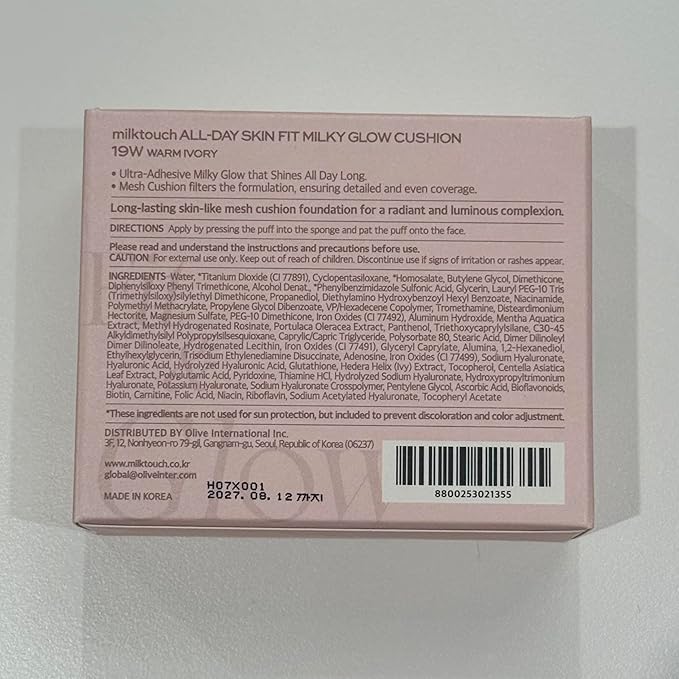 milktouch Cushion Foundation, 24H Flawless Skin, Radiant Shine, No Oxidation, Long-Lasting, Non-Creasing, 60% Hydrating Skincare Infused Korean (19W Warm Ivory)