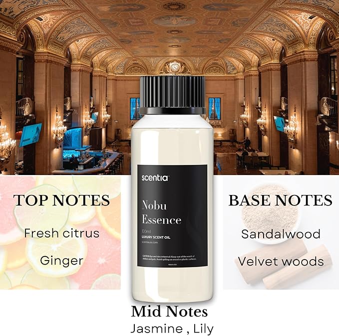 Scentia Nobu Essence Diffuser Oil Refill – Hotel Fragrance Oil Inspired by Nobu Hotel – 120 mL – Jasmine, Lily & Sandalwood Long-Lasting Scent for Ultrasonic & Waterless Diffusers, Made in USA