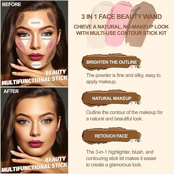 3Pcs Contour Stick Kit,Shades with Highlighter Blush Bronzer, #2 LIGHT FAIR