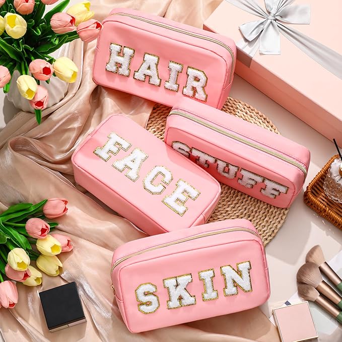 Remerry 4 Pcs Nylon Makeup Bags Waterproof Spacious Travel Cosmetic Bag for Women Chenille Letter Preppy Zipper Pouch Face Stuff Skin Hair Organizer Gift(Pink)