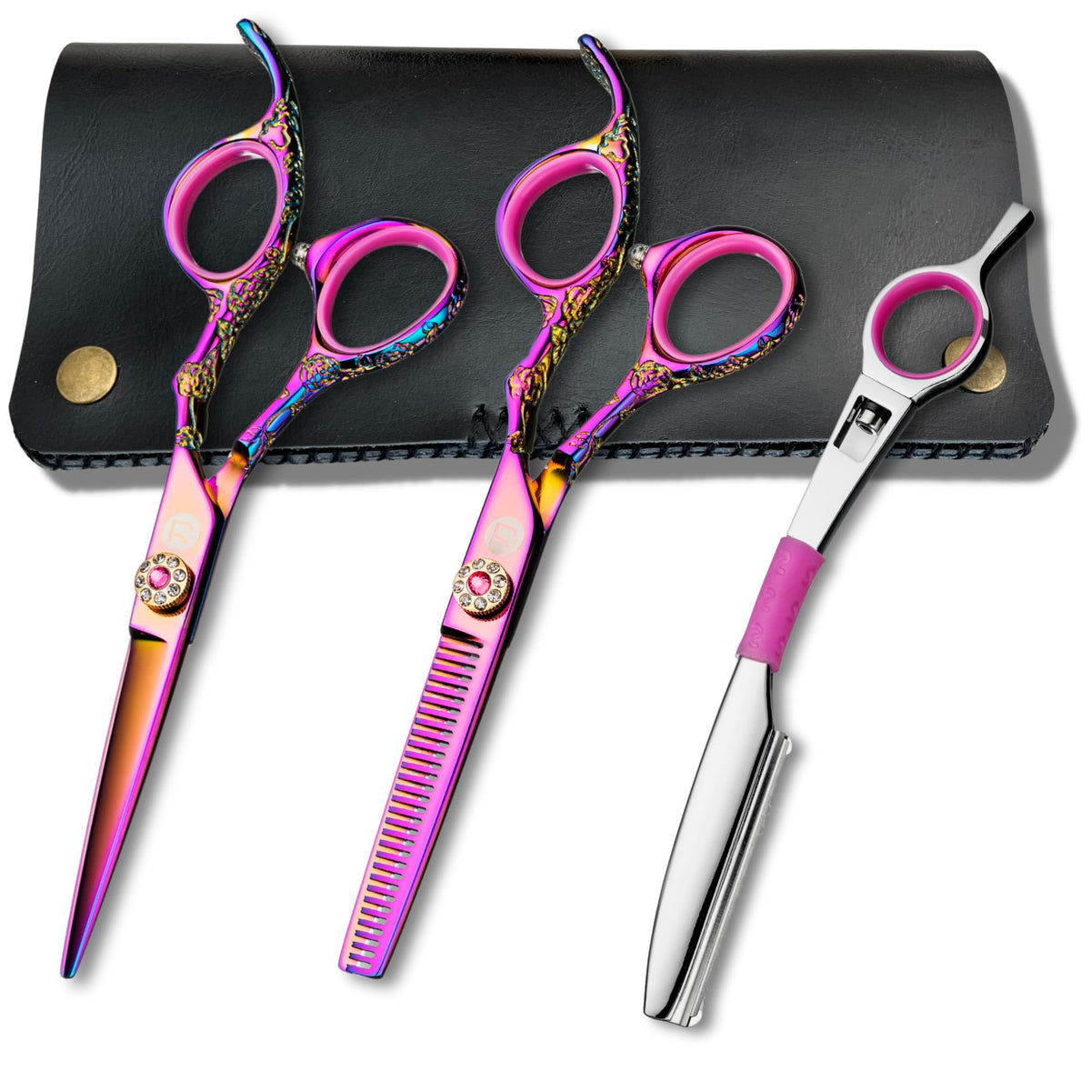 Saki Shears 6 Inch Set of Hair Cutting and Thinning Scissors With Flower Design on Handle and Finger Holes - 440C Stainless Steel - Professional Hair Cutting Set (Silver)