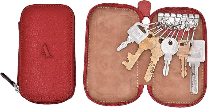 Adamis Full Grain Genuine Leather Keychain Holder Pouch, Key Case, Soft Strong and Compact Organizer and Wallet with Zip Closure for Extra Safety and 6 Key Holder Hooks in Red