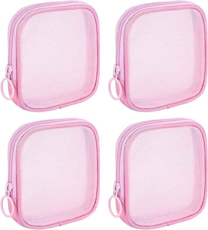 Sinzip 4 Pieces Mini Zipper Nylon Mesh Pouch, Mesh Cosmetic Bags Makeup Bags, Multipurpose Travel Toiletry Bags for Office Supplies and Travel Accessories (Pink, S)