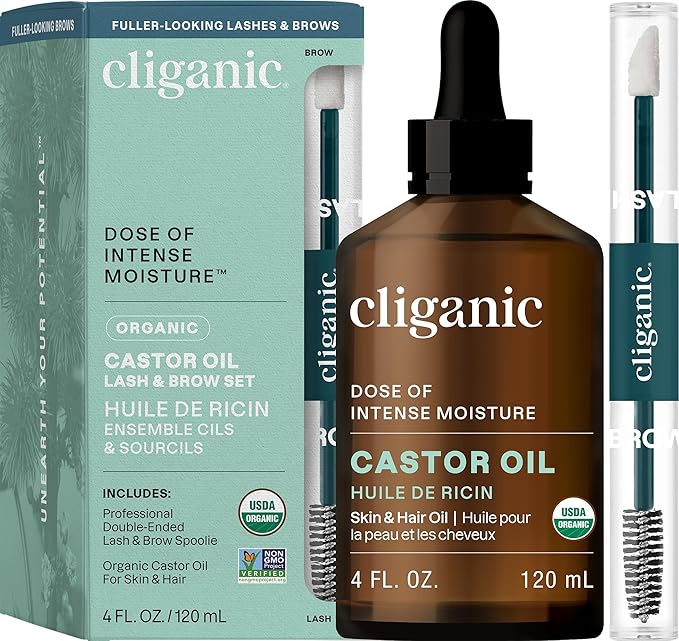 Cliganic Organic Castor Oil, 100% Pure (4 oz Glass Bottle with Eyelash Kit) - For Eyelashes, Eyebrows, Hair & Skin