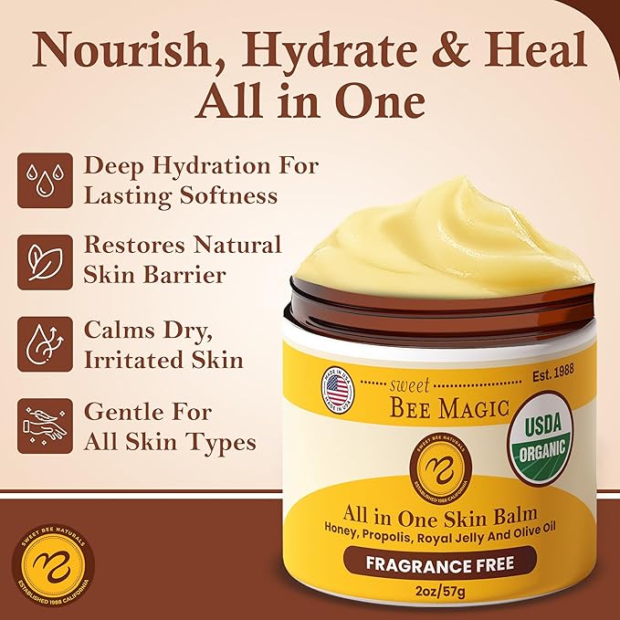 Sweet Bee Magic Organic Honey Bee Balm for Face, Skin & Body - All in One Honey Balm - Beeswax Body Moisturizer - All Natural Aid - 1 jar (2oz)