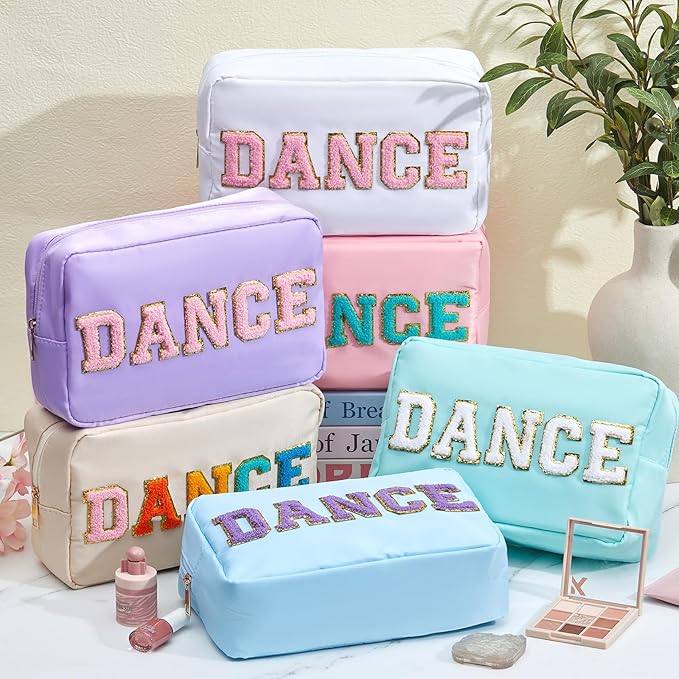Clysee 6 Pcs Dance Makeup Bag Chenille Cosmetic Bag with Letter Patches, Waterproof Portable Cheerleader Toiletry Zipper Pouch for Girls Women Teachers Appreciation Gifts (Pastel Colors)
